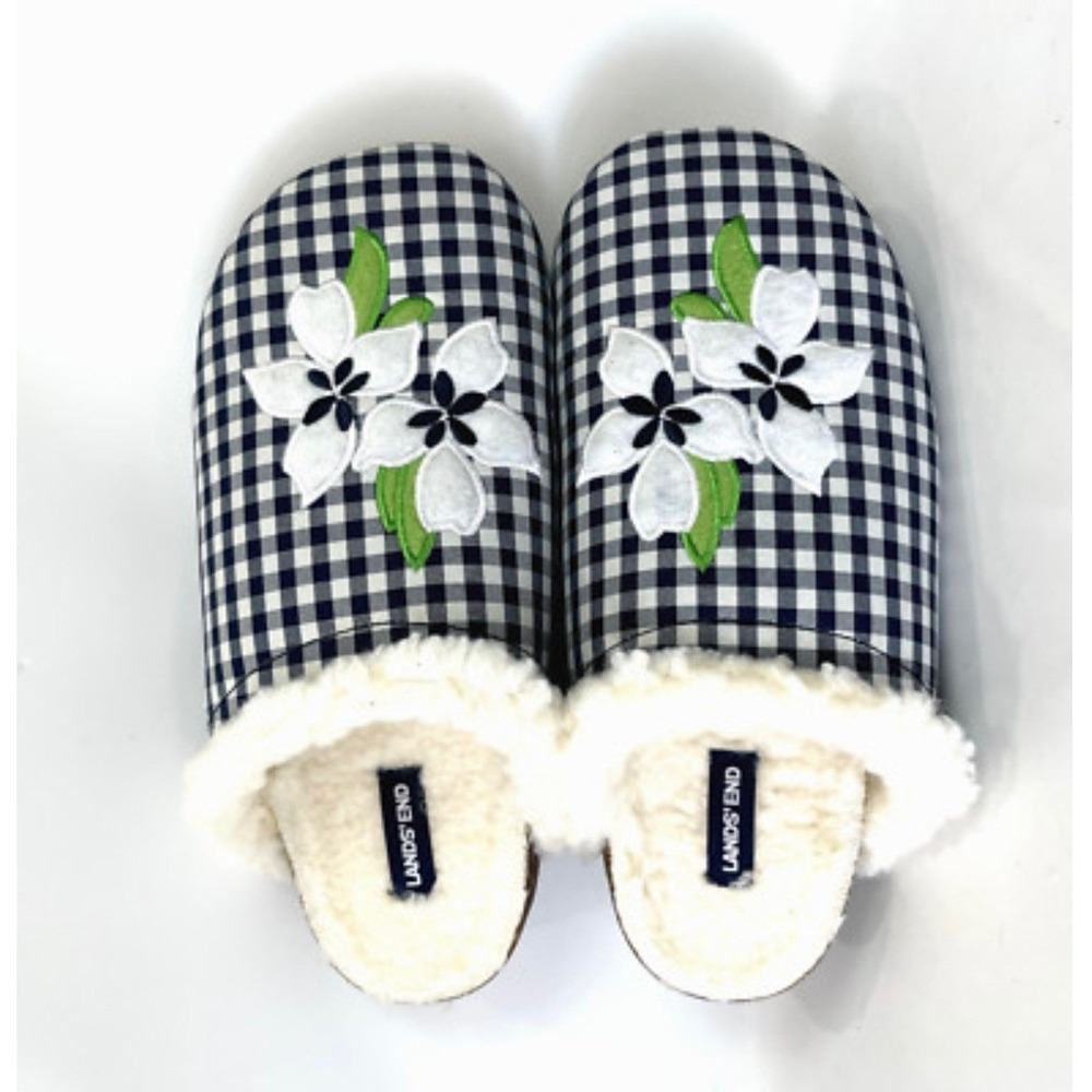 Lands End Draper James Womens 9 Slippers Blue Gingham Felt Scuff Shearling